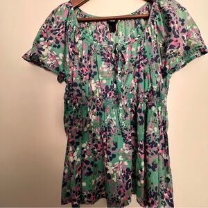 H&M Mint Floral Tie-Front Smocked Peasant Top- sz10
